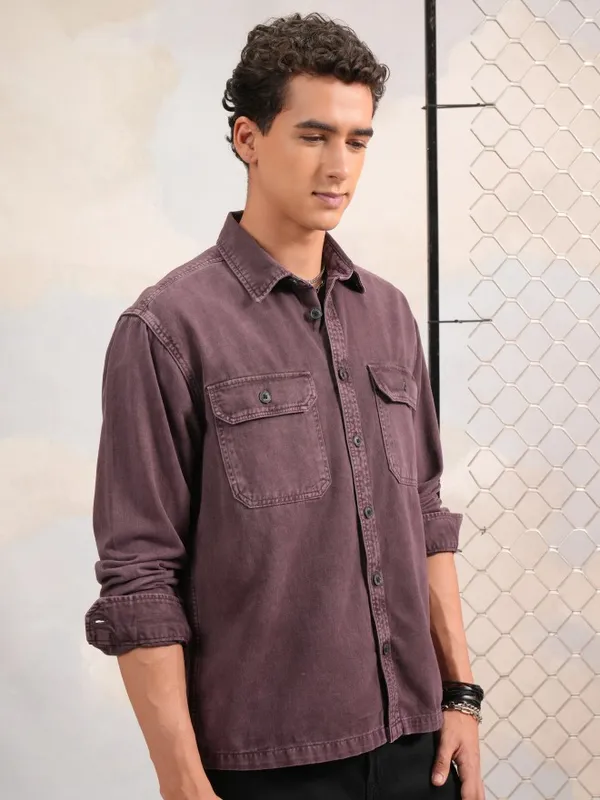 Highlander Men Burgundy Faded Oversized Fit Casual Shirts