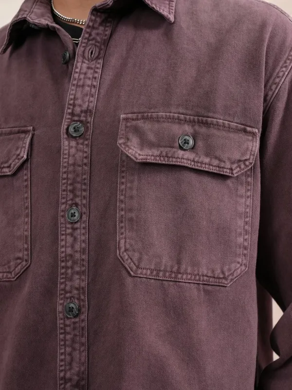 Highlander Men Burgundy Faded Oversized Fit Casual Shirts