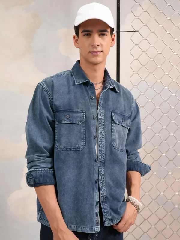  Highlander Men Navy Blue Solid Oversized Fit Casual Shirts