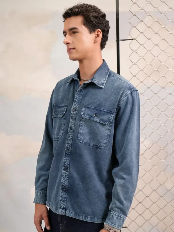 Highlander Men Navy Blue Solid Oversized Fit Casual Shirts