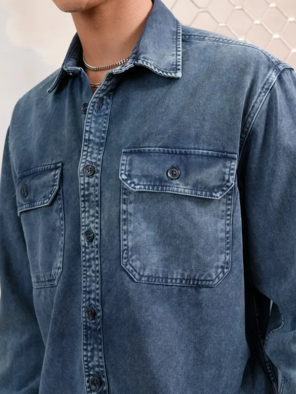  Highlander Men Navy Blue Solid Oversized Fit Casual Shirts