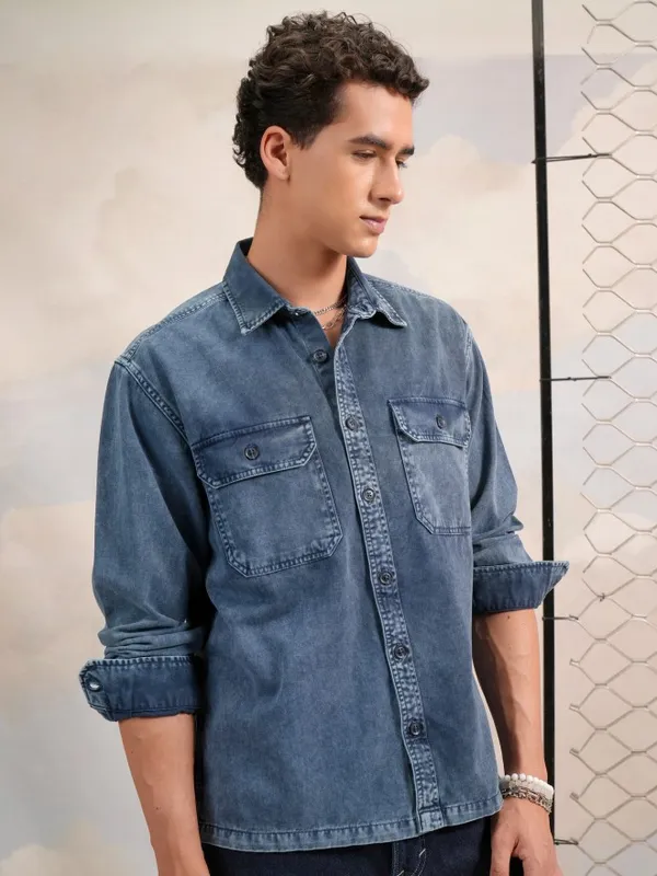  Highlander Men Navy Blue Solid Oversized Fit Casual Shirts