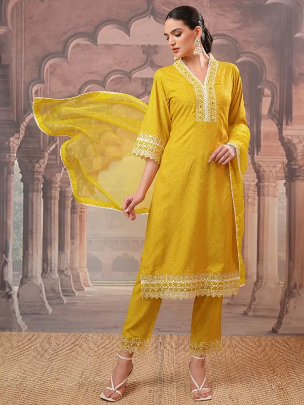 Vishudh Women Mustard Embroidered Kurta With Trousers And Dupatta