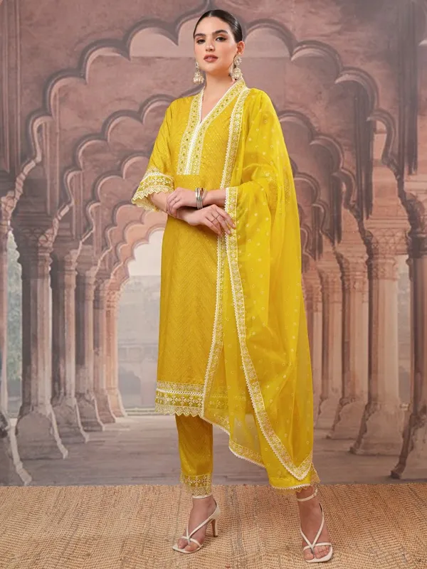 Vishudh Women Mustard Embroidered Kurta With Trousers And Dupatta