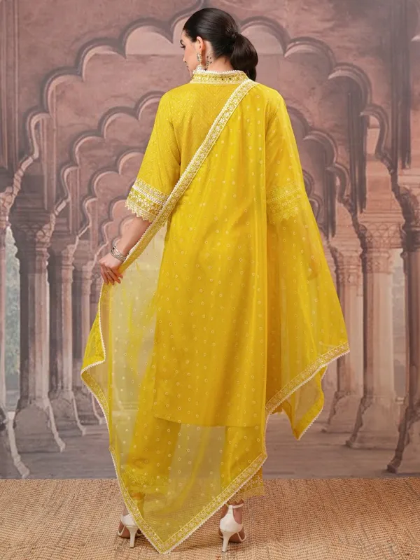 Vishudh Women Mustard Embroidered Kurta With Trousers And Dupatta