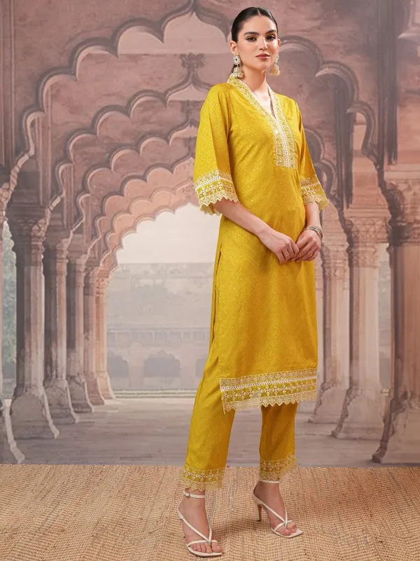 Vishudh Women Mustard Embroidered Kurta With Trousers And Dupatta