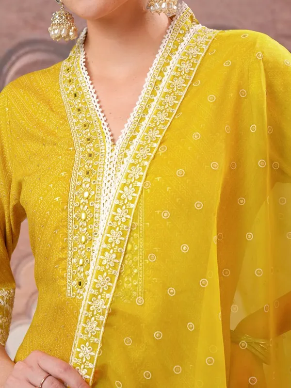 Vishudh Women Mustard Embroidered Kurta With Trousers And Dupatta