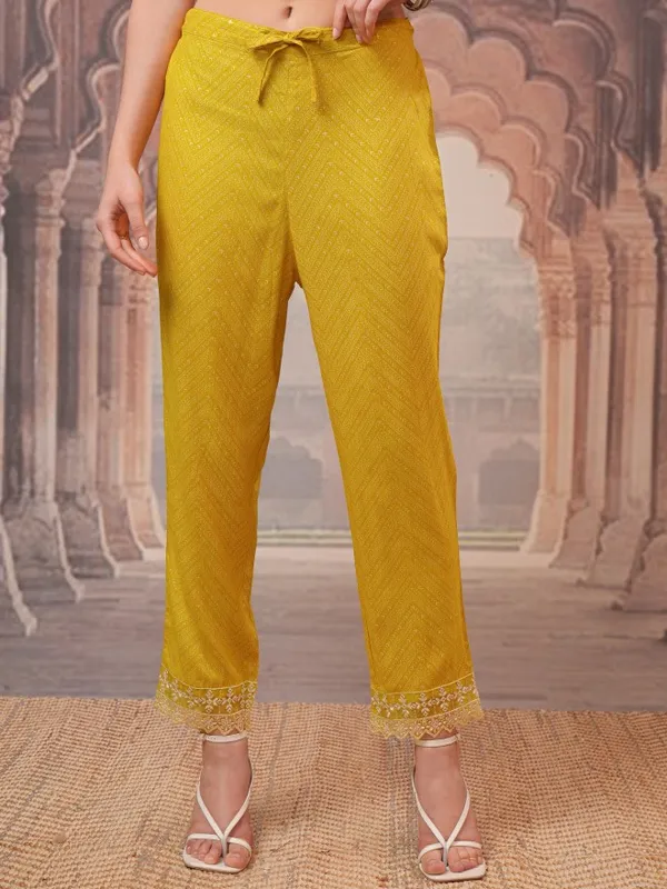 Vishudh Women Mustard Embroidered Kurta With Trousers And Dupatta
