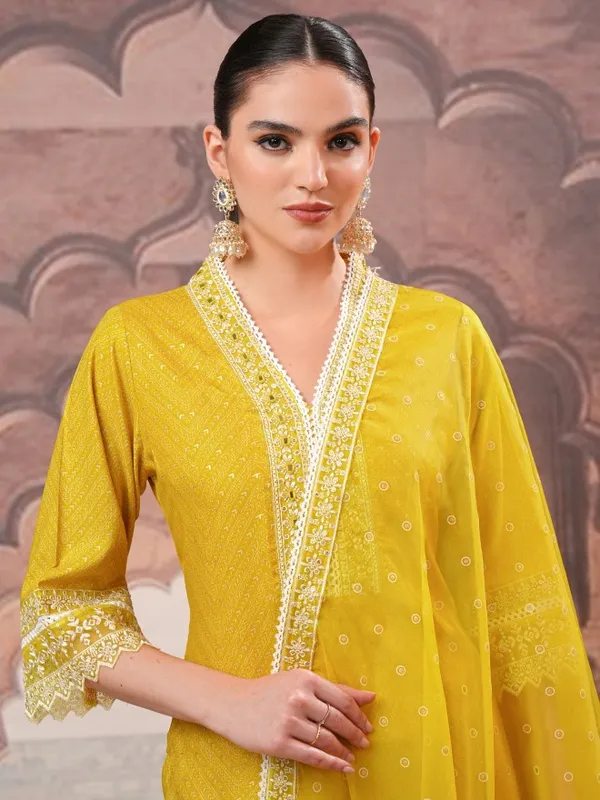 Vishudh Women Mustard Embroidered Kurta With Trousers And Dupatta