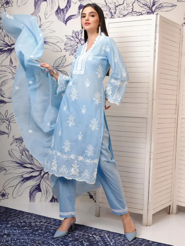 Vishudh Women Blue Embroidered Kurta With Trousers And Dupatta