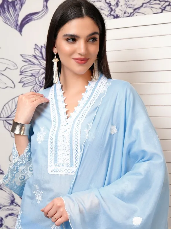 Vishudh Women Blue Embroidered Kurta With Trousers And Dupatta