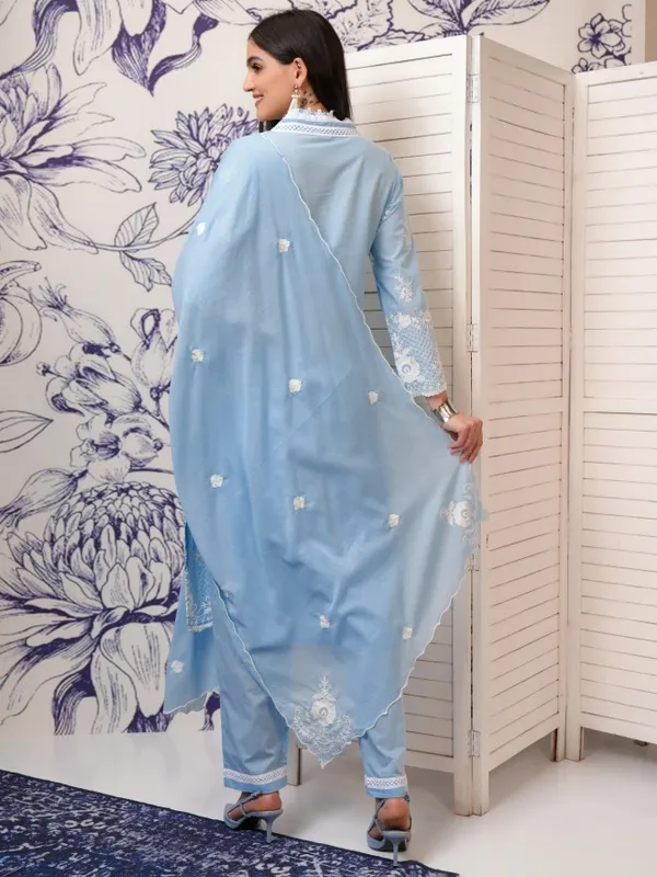 Vishudh Women Blue Embroidered Kurta With Trousers And Dupatta