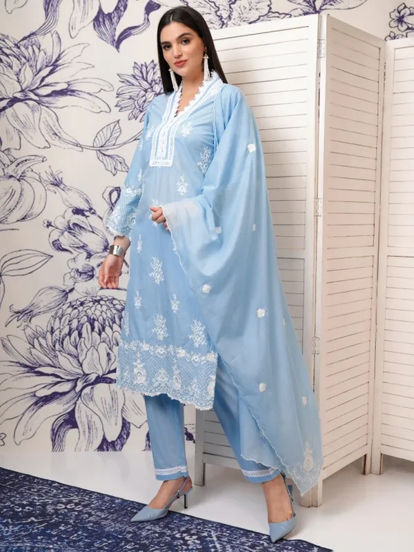 Vishudh Women Blue Embroidered Kurta With Trousers And Dupatta