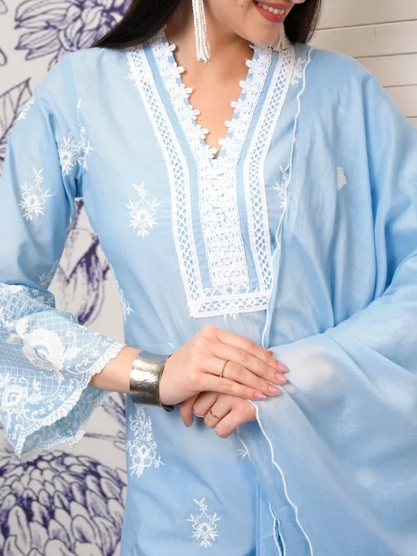 Vishudh Women Blue Embroidered Kurta With Trousers And Dupatta