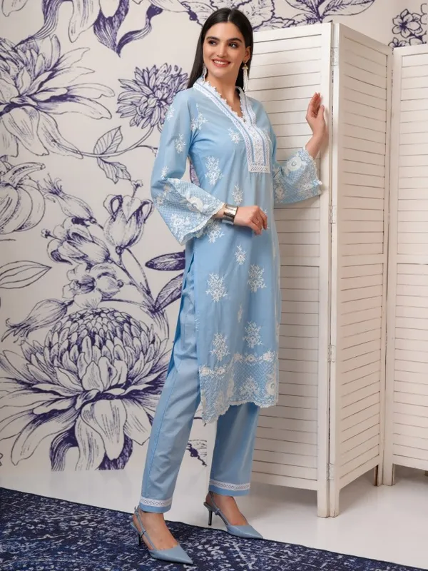 Vishudh Women Blue Embroidered Kurta With Trousers And Dupatta