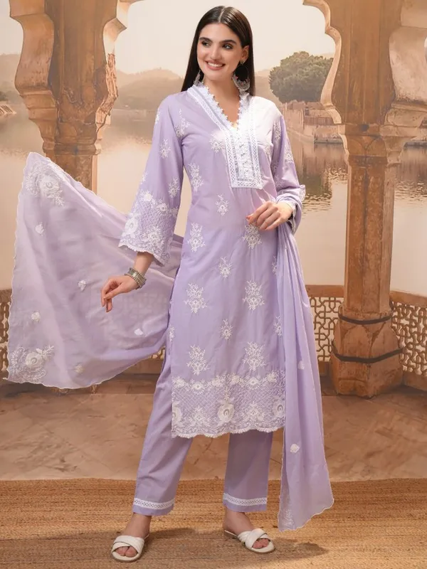 Vishudh Women Purple Embroidered Kurta With Trousers And Dupatta