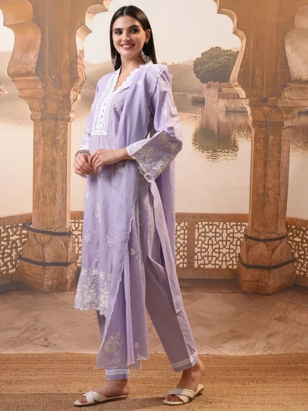 Vishudh Women Purple Embroidered Kurta With Trousers And Dupatta