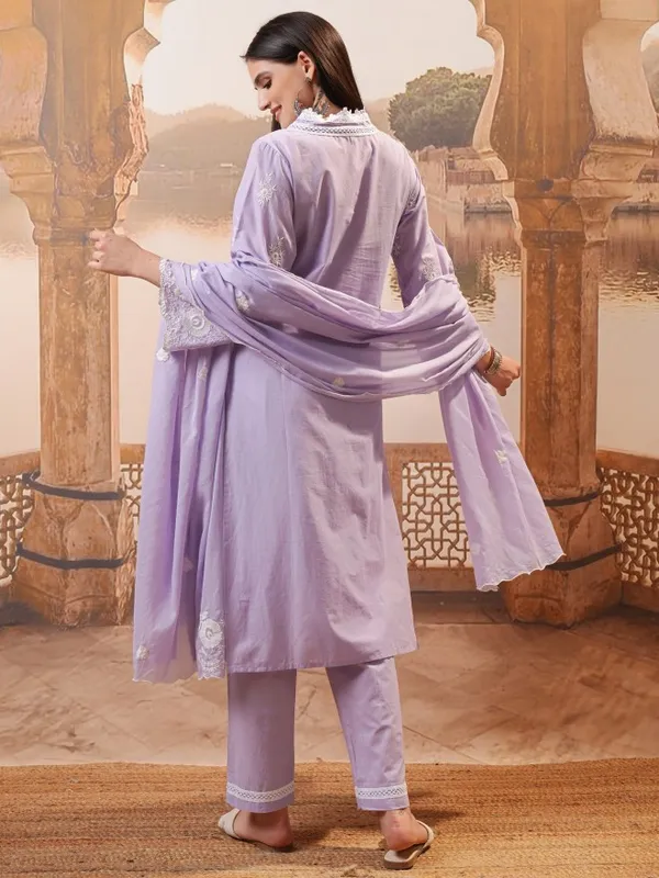 Vishudh Women Purple Embroidered Kurta With Trousers And Dupatta