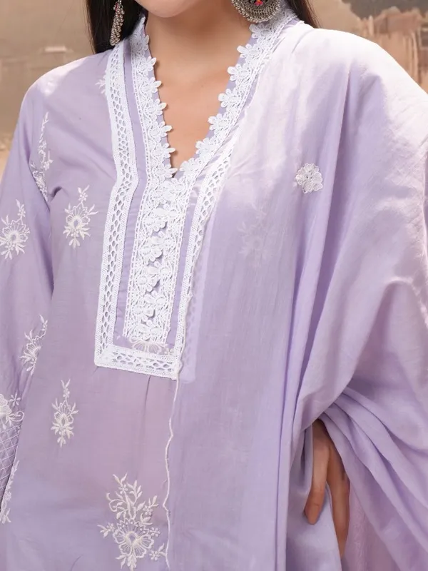 Vishudh Women Purple Embroidered Kurta With Trousers And Dupatta