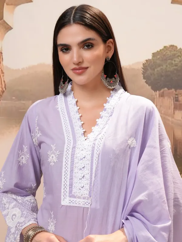 Vishudh Women Purple Embroidered Kurta With Trousers And Dupatta