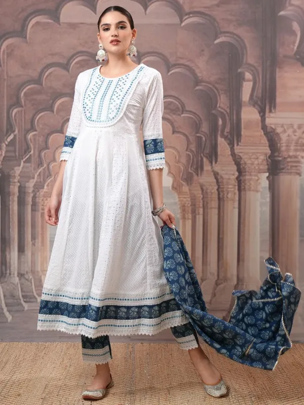 Vishudh Women White Embroidered Kurta With Trousers And Dupatta