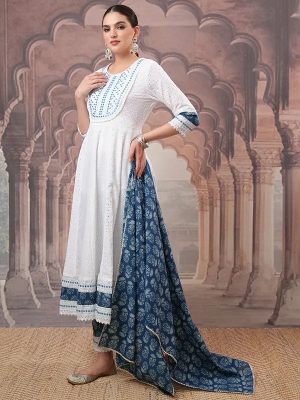 Vishudh Women White Embroidered Kurta With Trousers And Dupatta