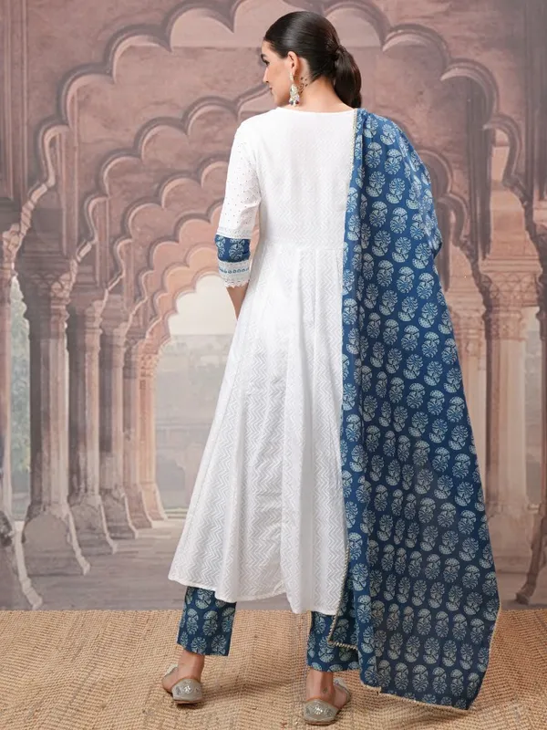 Vishudh Women White Embroidered Kurta With Trousers And Dupatta