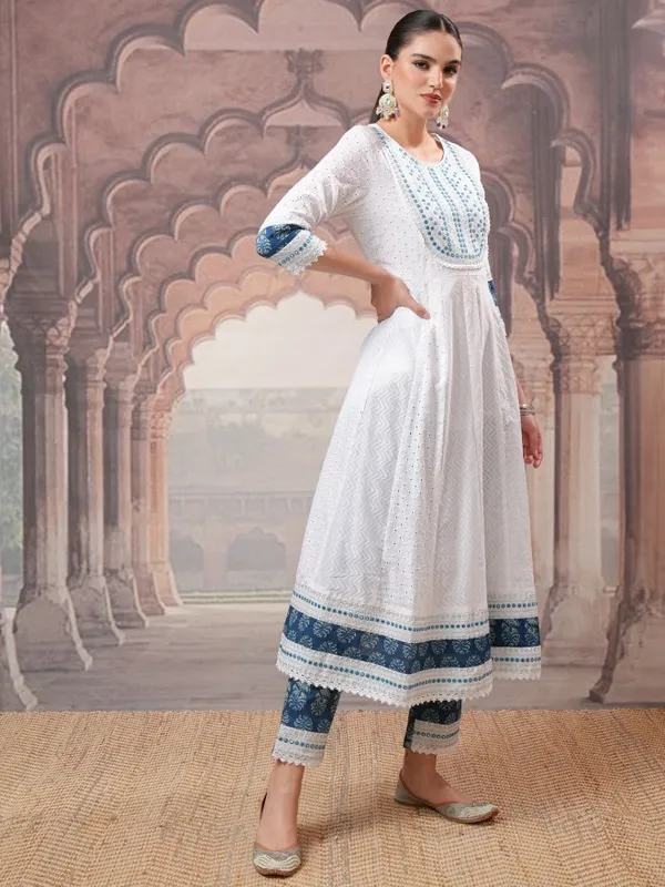 Vishudh Women White Embroidered Kurta With Trousers And Dupatta