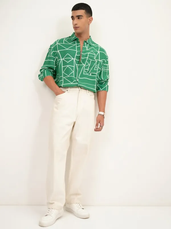  Ketch Men Green Printed Oversized Fit Casual Shirts