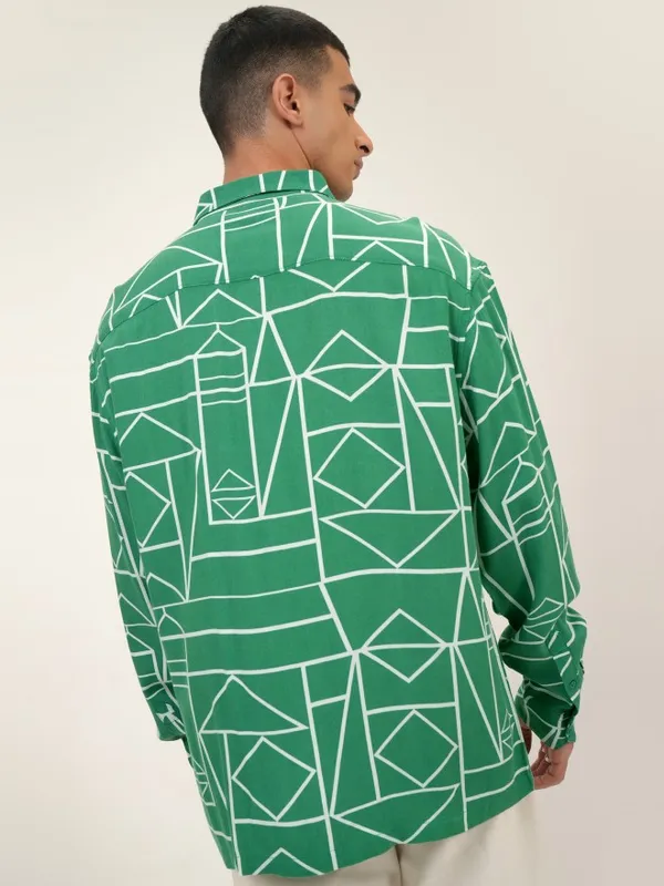  Ketch Men Green Printed Oversized Fit Casual Shirts