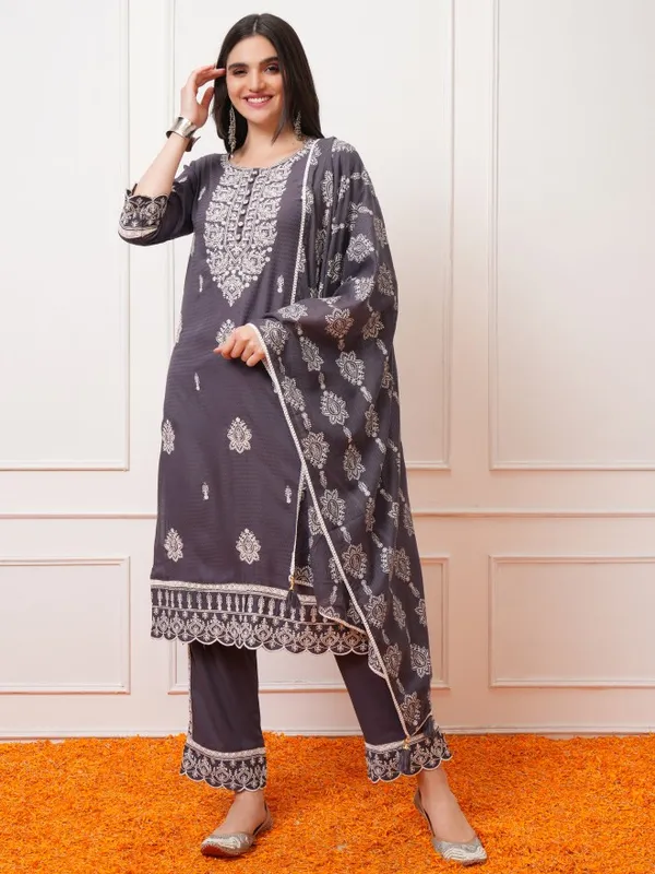 Vishudh Women Mauve Embroidered Kurta With Trousers And Dupatta