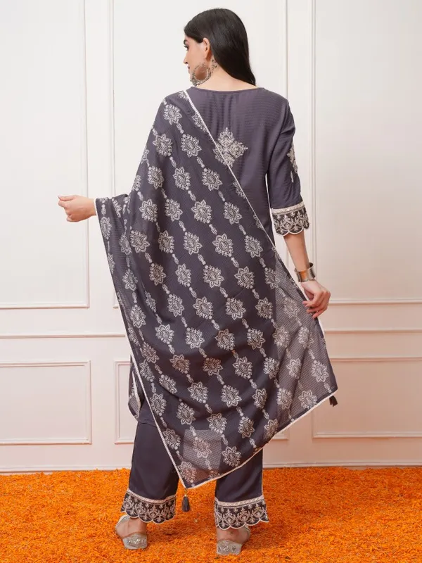 Vishudh Women Mauve Embroidered Kurta With Trousers And Dupatta