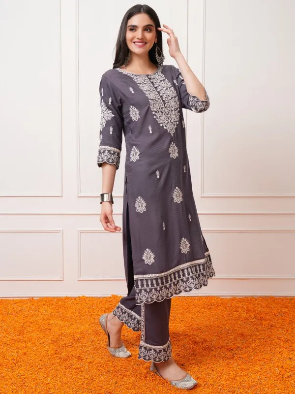 Vishudh Women Mauve Embroidered Kurta With Trousers And Dupatta