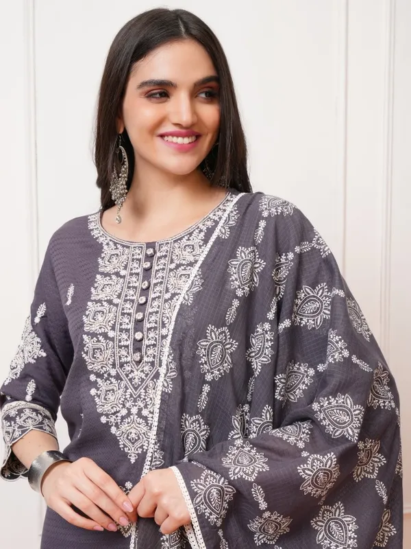 Vishudh Women Mauve Embroidered Kurta With Trousers And Dupatta