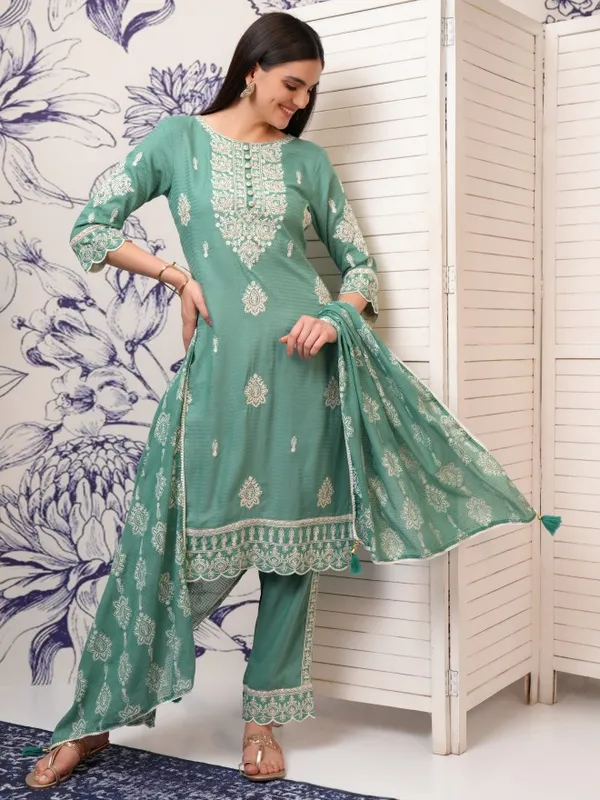 Vishudh Women Blue Embroidered Kurta With Trousers And Dupatta