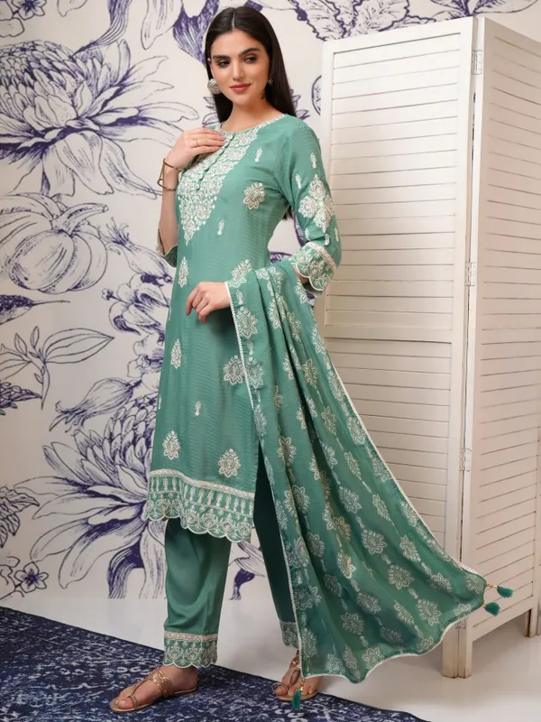 Vishudh Women Blue Embroidered Kurta With Trousers And Dupatta