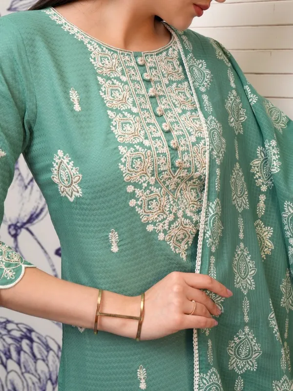 Vishudh Women Blue Embroidered Kurta With Trousers And Dupatta