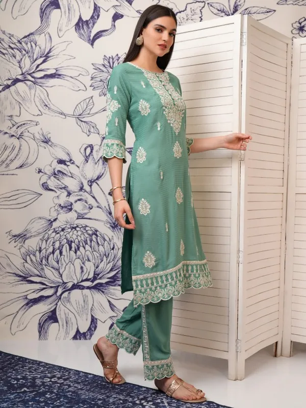 Vishudh Women Blue Embroidered Kurta With Trousers And Dupatta