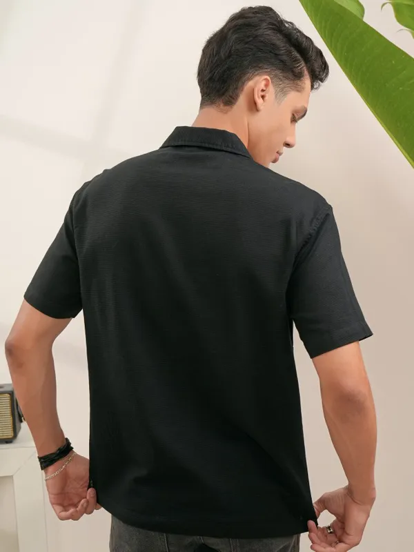  Locomotive Men Black Self Design Regular Fit Casual Shirts