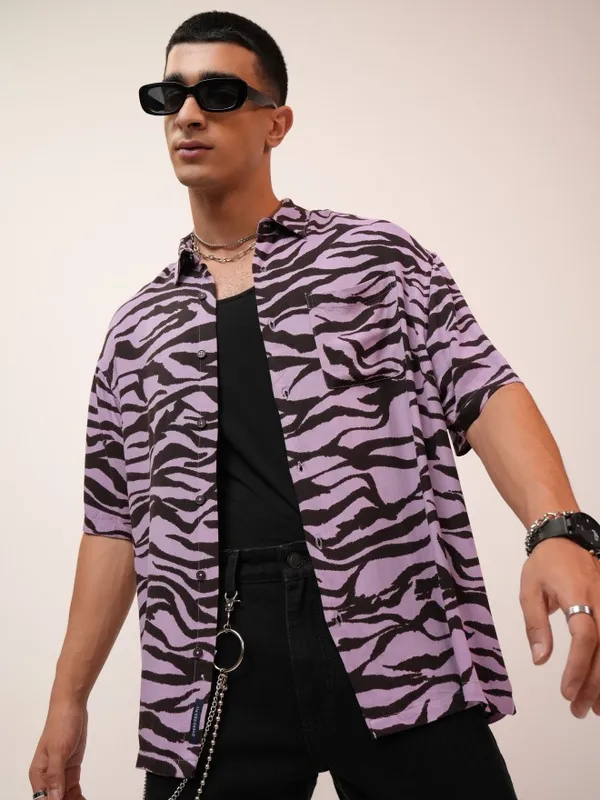  Highlander Men Lavender Printed Oversized Fit Casual Shirts