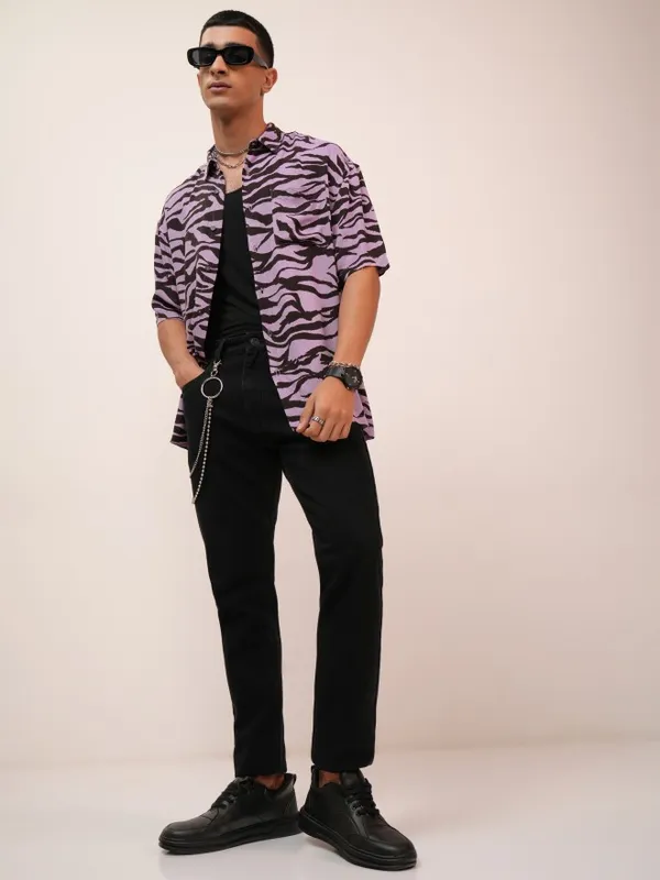  Highlander Men Lavender Printed Oversized Fit Casual Shirts