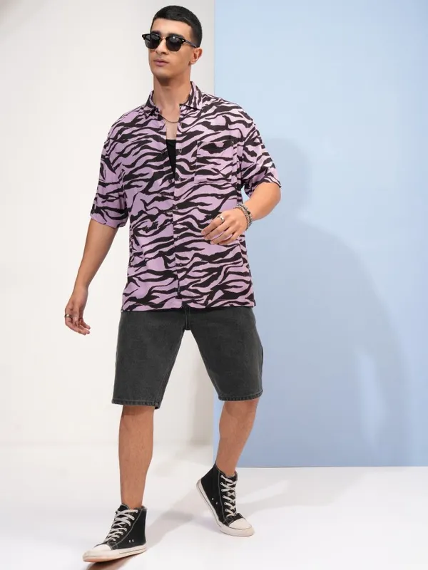  Highlander Men Lavender Printed Oversized Fit Casual Shirts