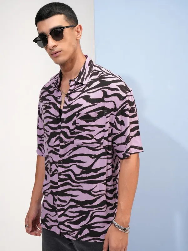  Highlander Men Lavender Printed Oversized Fit Casual Shirts