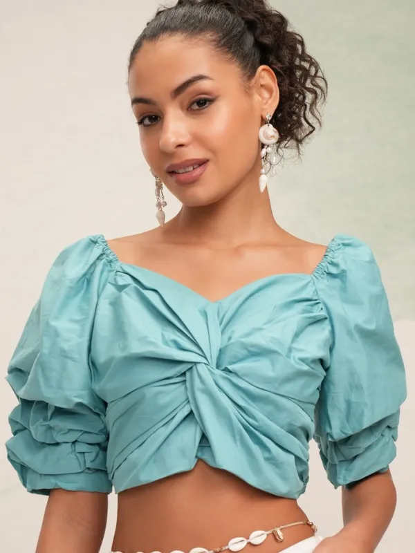 Tokyo Talkies Women Teal Solid High-Low Top