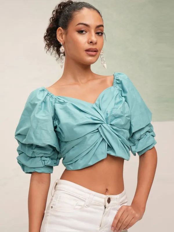 Tokyo Talkies Women Teal Solid High-Low Top