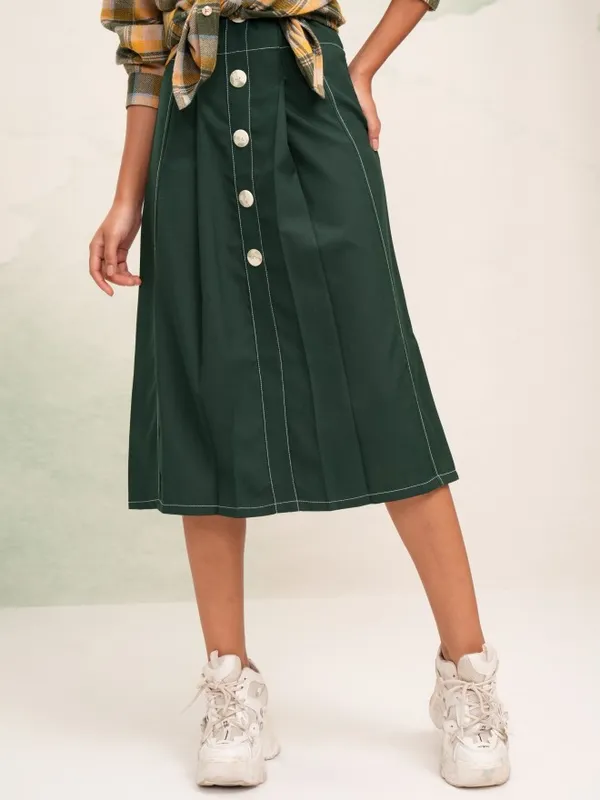 Tokyo Talkies Women Green Midi Skirt