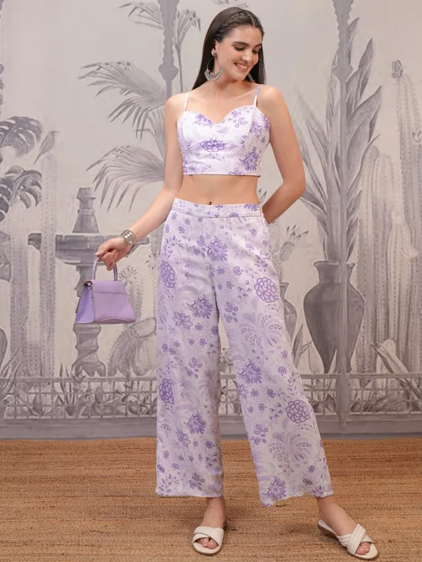 Vishudh Women Lavender Top With Palazzos and Jacket Co-Ords