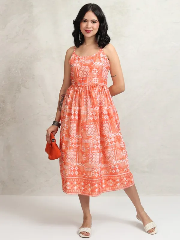 Tokyo Talkies Women Peach Printed Fit and Flare Dress