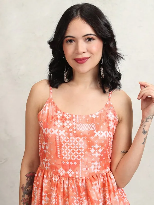 Tokyo Talkies Women Peach Printed Fit and Flare Dress