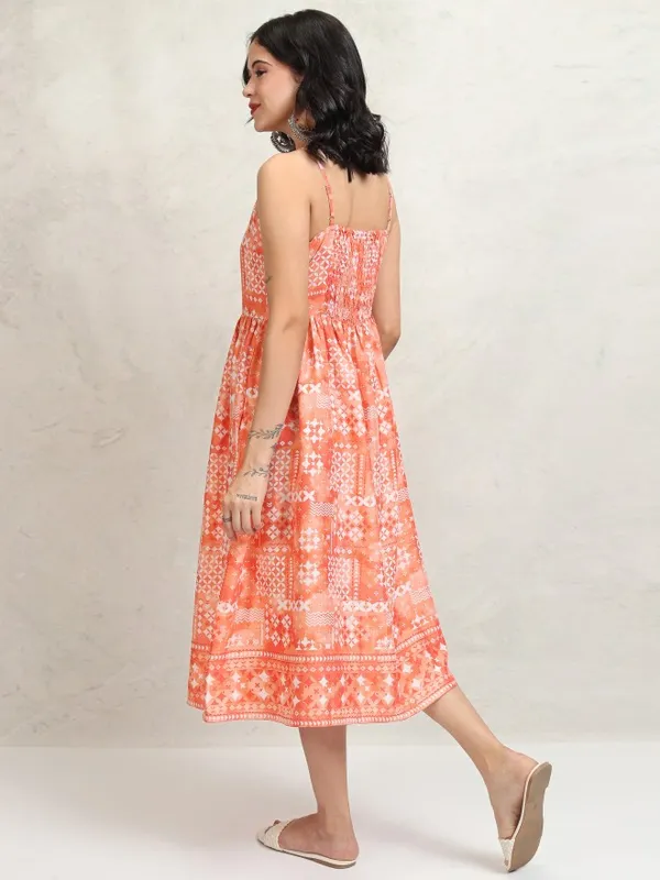 Tokyo Talkies Women Peach Printed Fit and Flare Dress